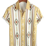 Męska Koszula Vintage w Pionowe Paski z Krótkim Rękawem w Stylu Retro z Lat 70-tych z Wzorem Azteckim