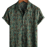 Vintage Koszula Bawełniana z Krótkim Rękawem z Guzikami w Stylu Retro Paisley Zielona dla Mężczyzn z Lat 70